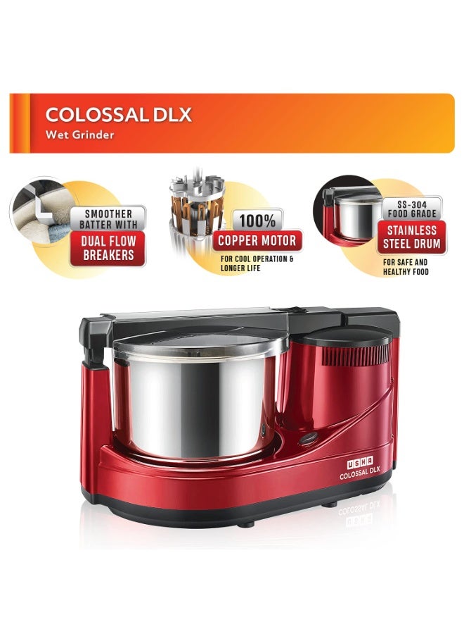 USHA ABS Colossal DLX Wet Grinder 150 W, 2 LTR, 100% Copper Motor and Dual Flow Breakers for Faster, Smooth Batter with Atta Kneader and Coconut Scrapper (Red) - Image 3